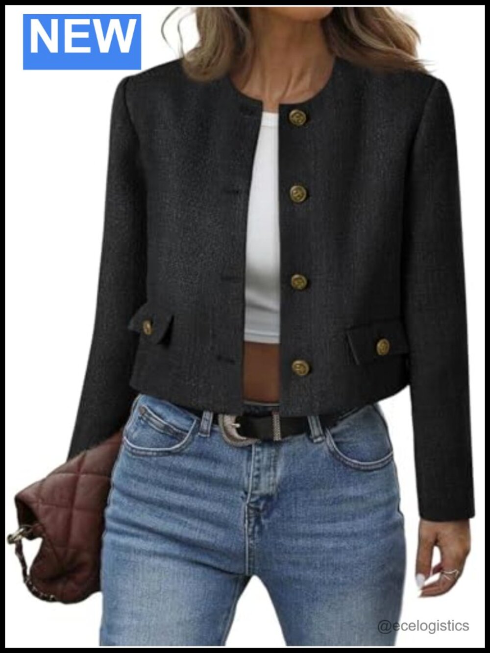 Women's Cropped Tweed Blazer Collarless Button Down Jacket